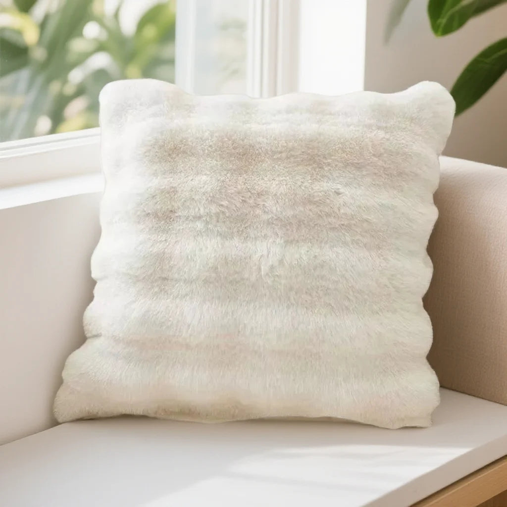 housse coussin carrée fausse fourrure polyester coton rayures horizontales teint uni beige gris rose