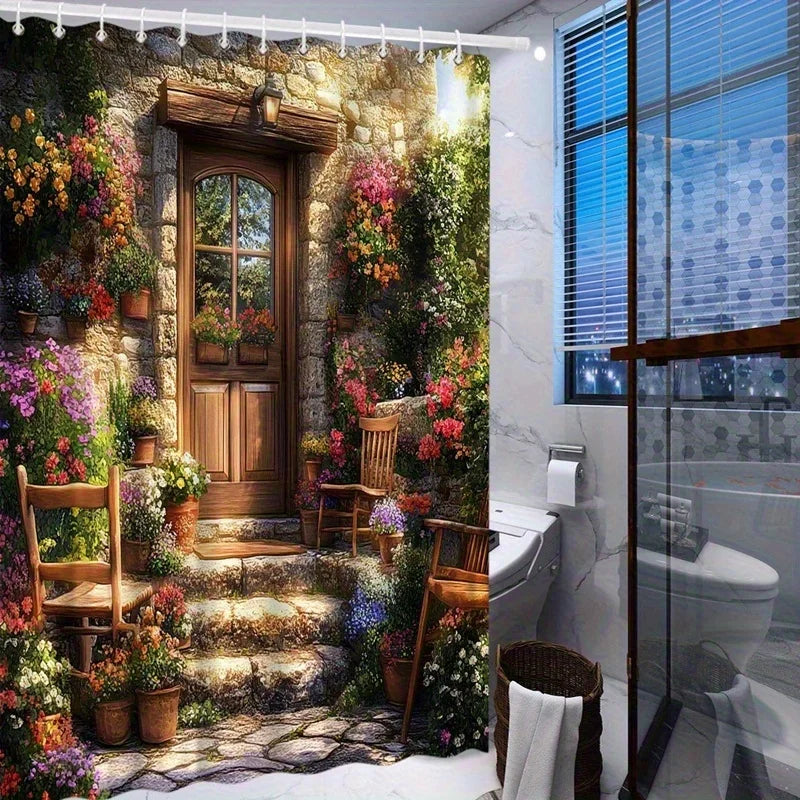 rideau douche rustique paysager crochets motif fleuri opac multicolore salle bain