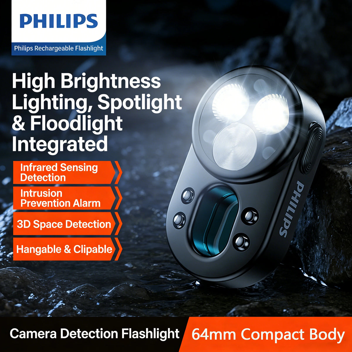 lampe torche détecteur espion noir moderne compact 200 500 mètres éclairage ABS matériaux sécurité