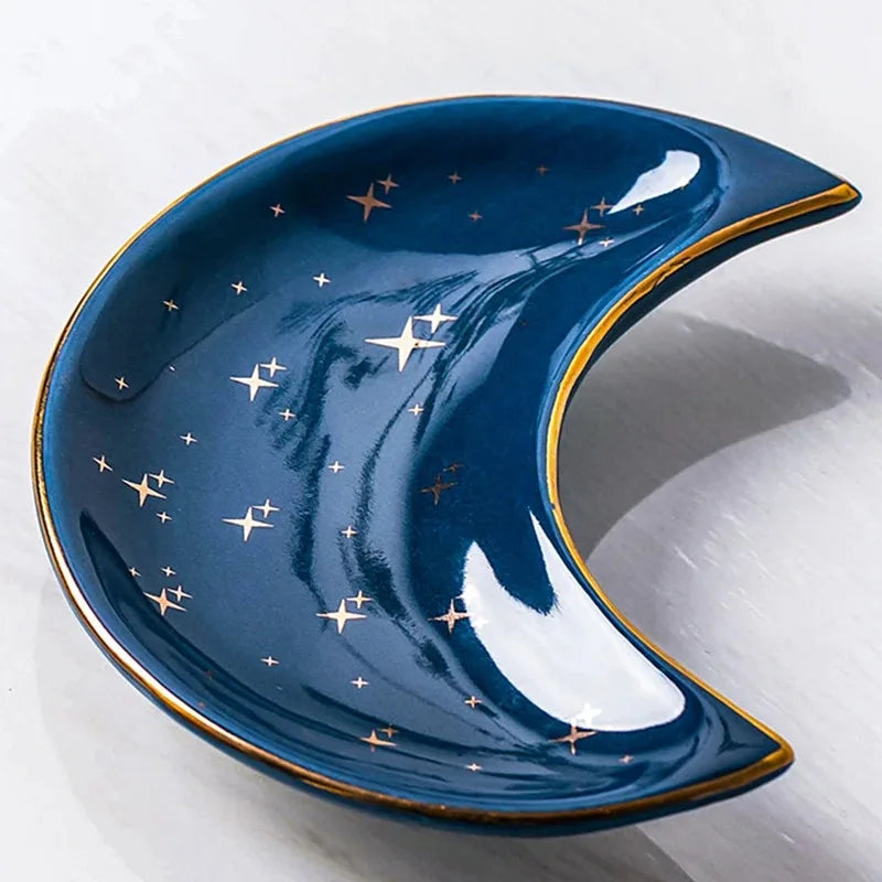 assiette lune étoiles dorées bleu nuit blanc moderne rangement bijoux colliers bagues echangement