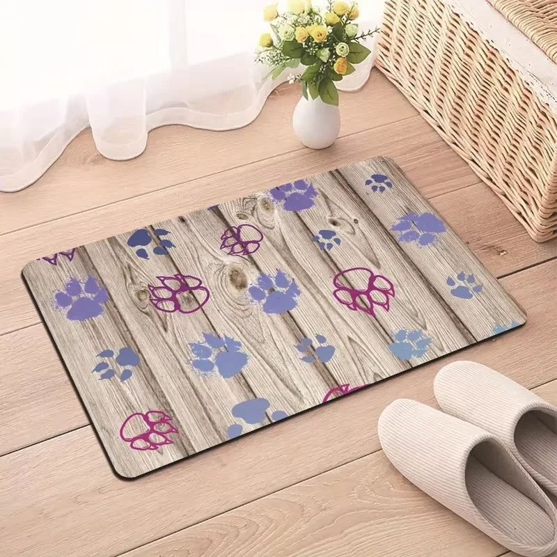 tapis absorbant antidérapant animaux violet bleu noir motif patte chien woof os floral