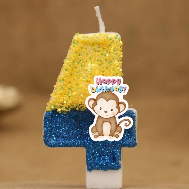 bougies anniversaire animaux singe pailletées chiffres decoration gâteau enfants festive