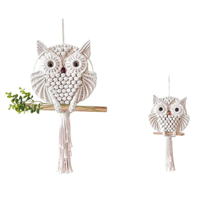 chouettes macramé blanc cassé motifs géométriques boho chic tapisserie murale tresses régulières