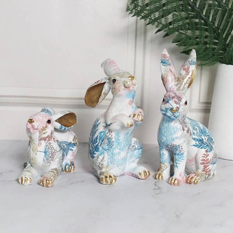 statuette lapin décorative résine peinte motifs floraux dorures modernes blanc rose bleu vert jaune