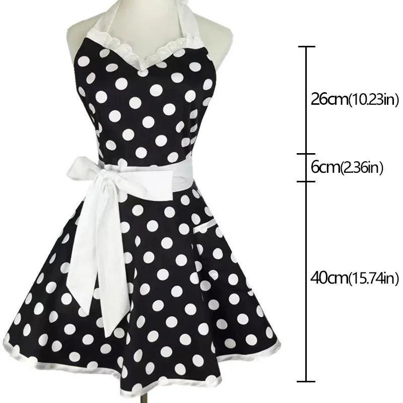 tablier cuisine rétro coton pois noir blanc poches liens vintage femmes