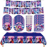 kit décoration anniversaire fille personnages dessin animé assiettes gobelets serviettes nappe guirlande rose violet