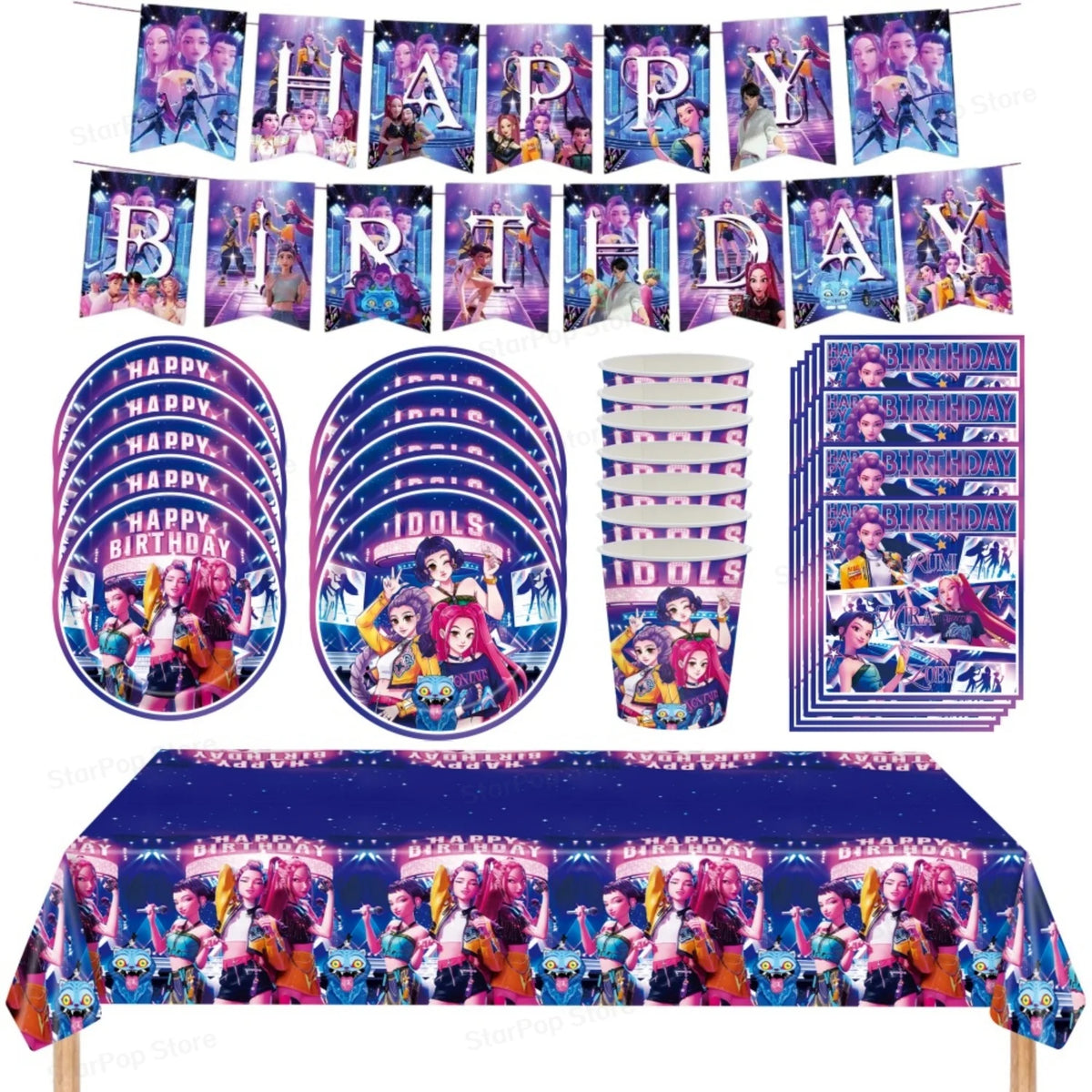 kit décoration anniversaire fille personnages dessin animé assiettes gobelets serviettes nappe guirlande rose violet