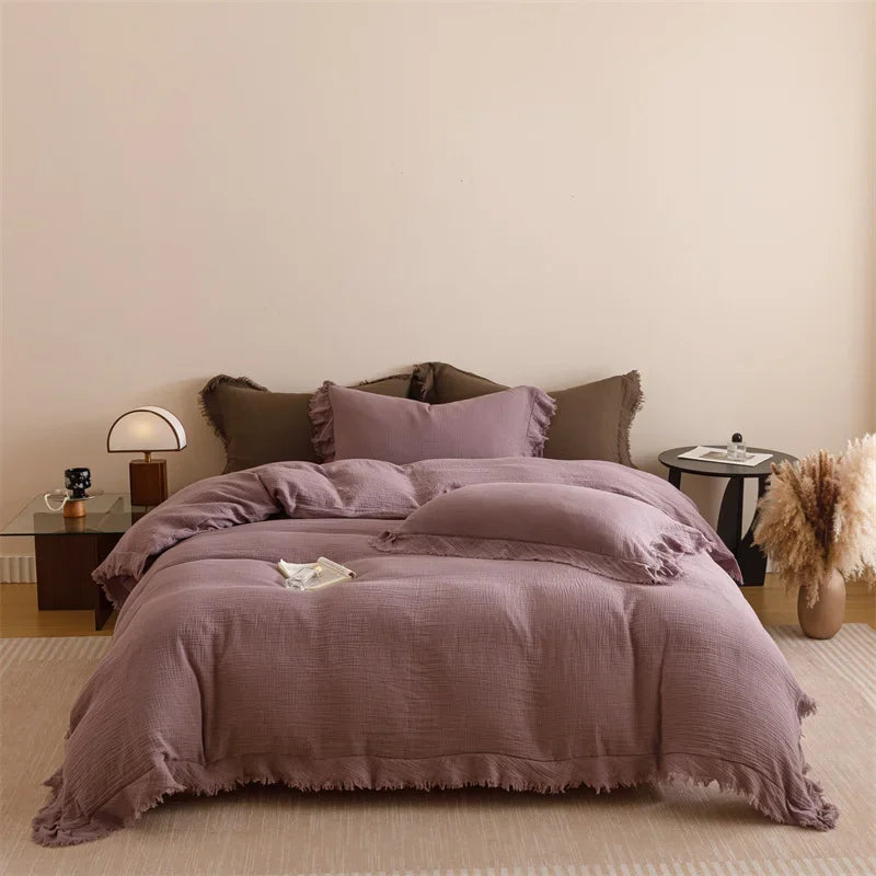 parure lit coton blanc cassé texture froissée housse couette drap taies oreiller