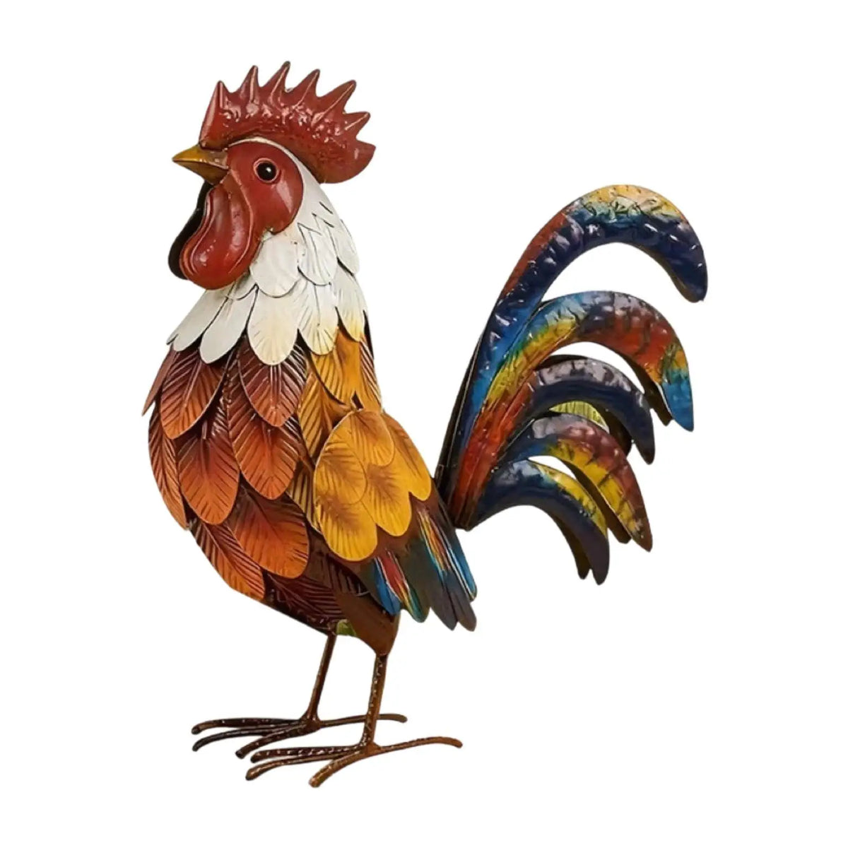 statue coq plumes colorées artisanale métal rouge blanc patio jardin extérieur ornement paysager