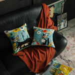 coussin abstrait brodé chats fleurs moderne linge coton bleu orange noir blanc vert marron