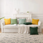 coussins décoratifs modernes rayés pompons housses velours côtelé polyester 45x45cm vert jaune beige opaques