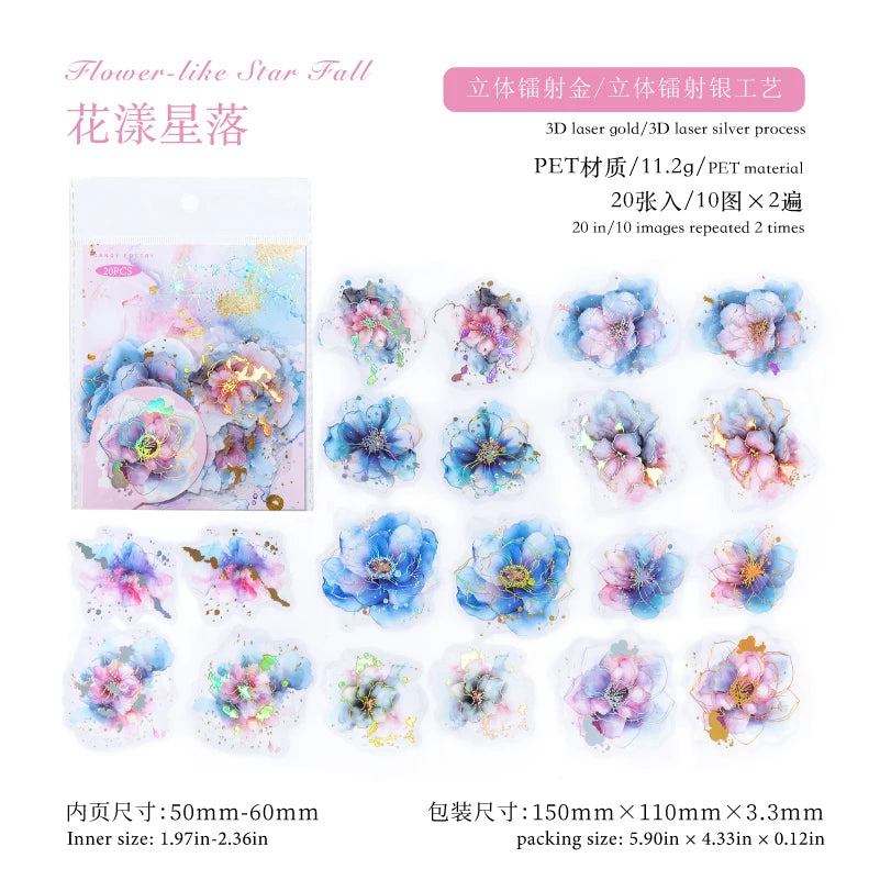 sticker floral abstrait adhésif bleu violet rose vert doré fleur étoile lune papillon