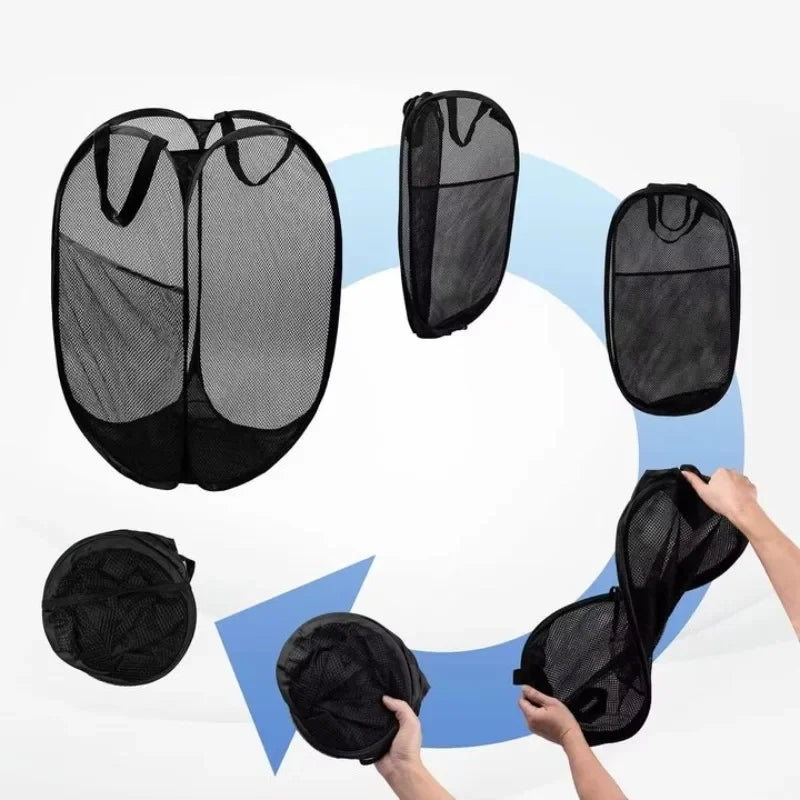 panier linge pliable polyester maille noir moderne poignées renforcées poches