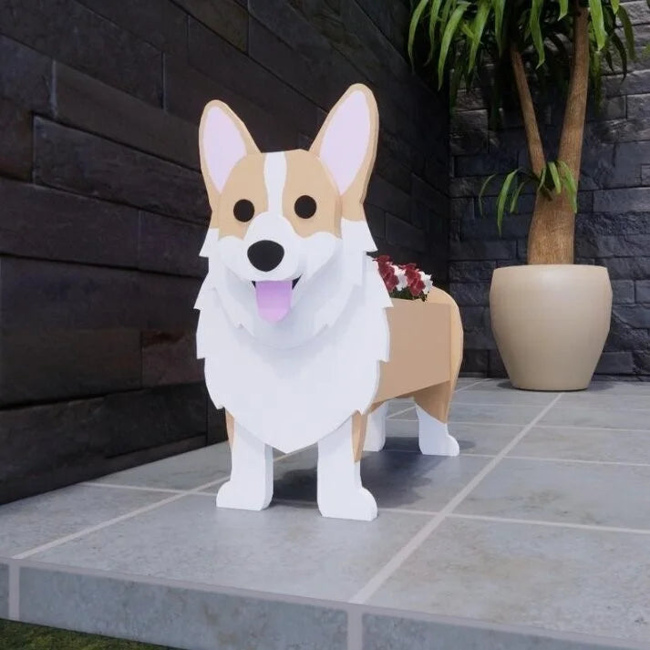 cache pot chien forme cartoon blanc beige marron noir rose vert détails visage plante