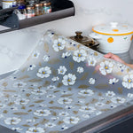 tapis protection meuble gris clair blanc beige bleu fleurs dorées feuilles vertes moderne adhésif