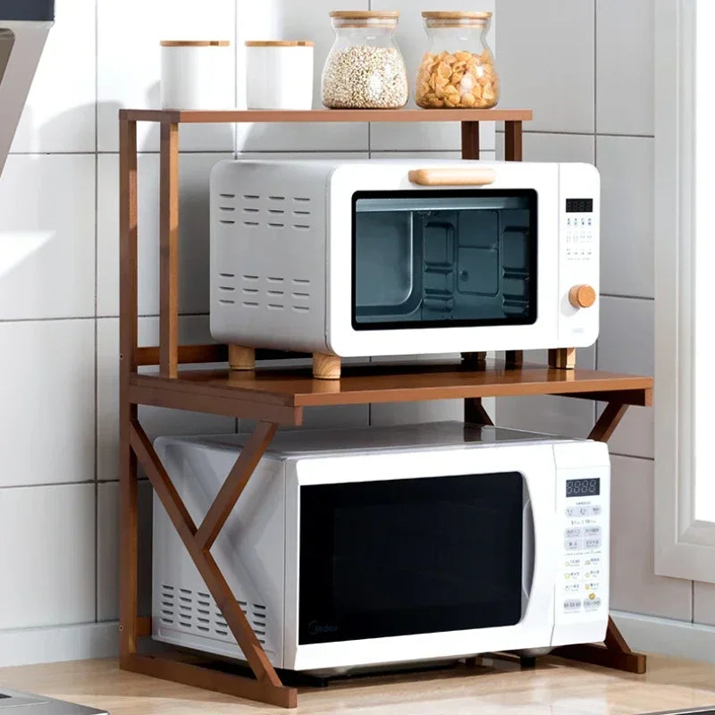Support micro-ondes bambou double étagère vue avant
