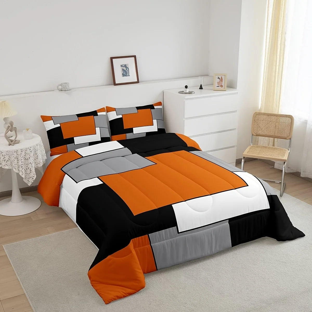 parure lit ensemble housse couette patchwork géométrique moderne orange noir gris blanc