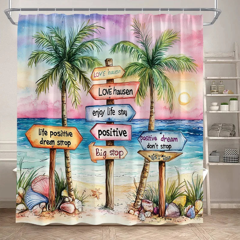 Rideau de douche illustré avec des palmiers, des coquillages et des panneaux colorés affichant des messages positifs sur fond de plage au coucher de soleil.