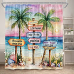 Rideau de douche illustré avec des palmiers, des coquillages et des panneaux colorés affichant des messages positifs sur fond de plage au coucher de soleil.