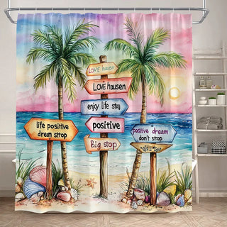 rideau douche italienne paysage tropical palmiers plage océan coquillages sable illustrations colorées occlusifs motifs