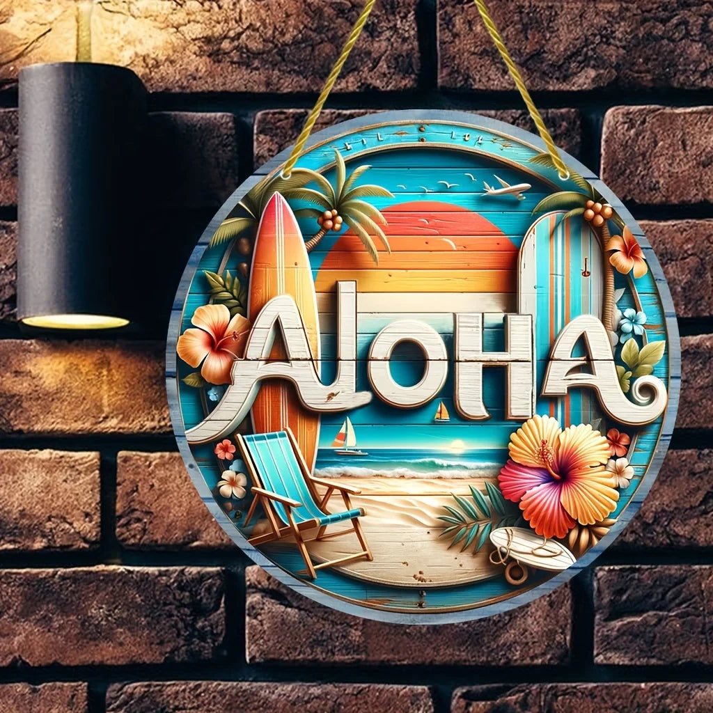 décoration murale hawaïenne plage palmiers surfboards lettres aloha bois bleu blanc orange verte rouge