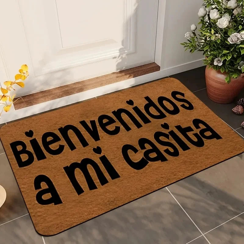 tapis d'entrée moderne bienvenidos marron clair lettres noires motif floral extérieur durable polyester