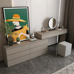 coiffeuse moderne minimaliste bois massif rangement tiroirs miroir tabouret gris clair plateau motif geometrique