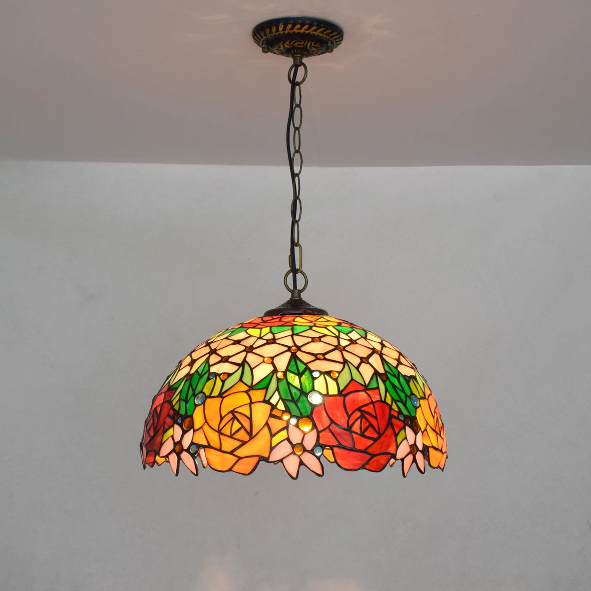 Lampe suspendue Tiffany mosaïque fleurs multicolore opacité chaîne salon chambre