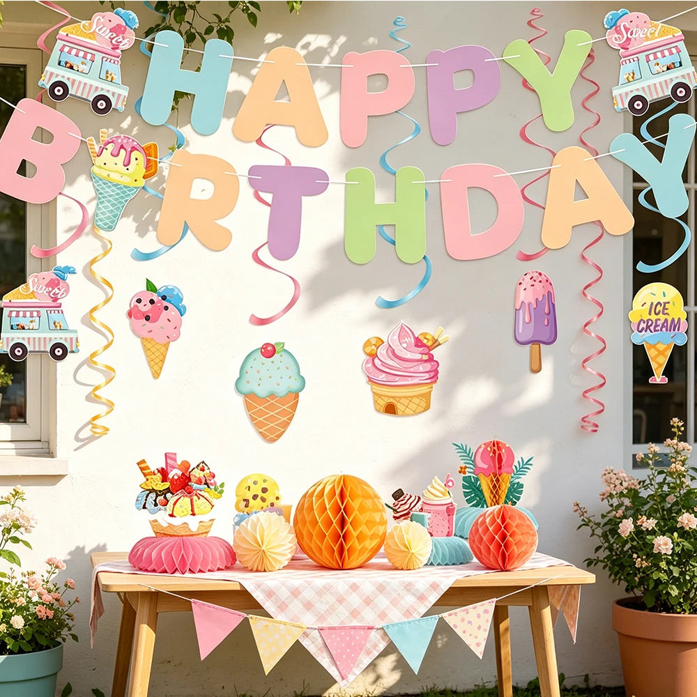décoration fête anniversaire multicolore glace cupcakes happy birthday guirlande illustrations camion glacé papier table