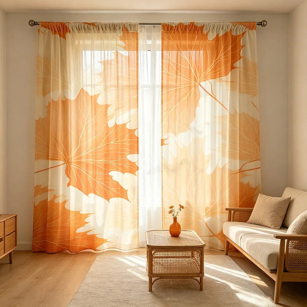 rideau feuilles erable orange moderne anneaux salon chambre 100x130cm