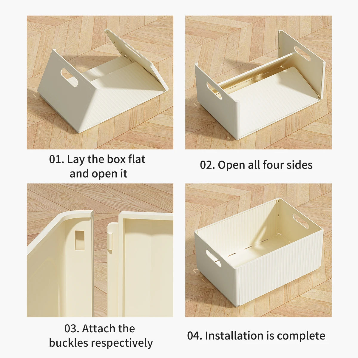 boîtes rangement pliables plastique moderne beige poignées boucles ridées stockage multifonctionnel
