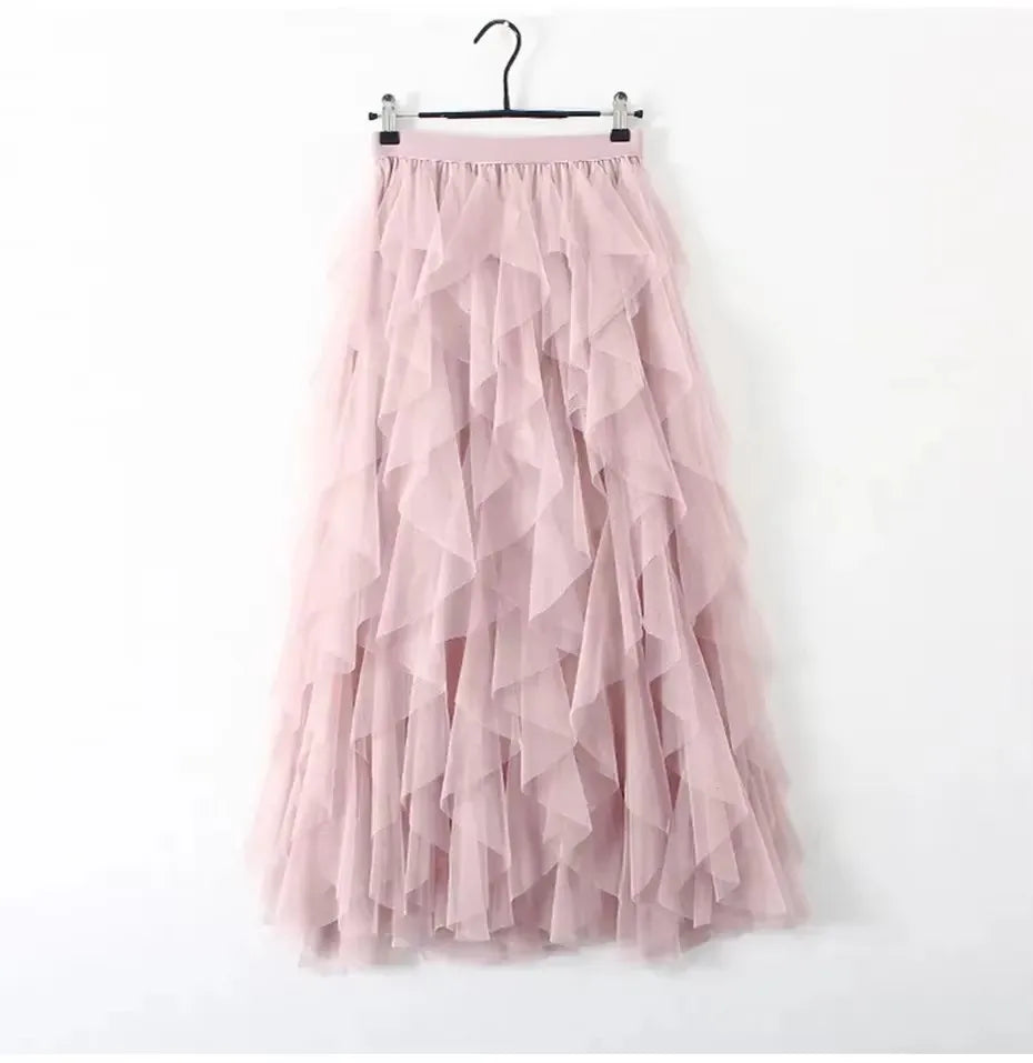 jupe plissée rose clair tulle élégante féminine streetwear élastiquée mi mollet translucent anneaux suspension