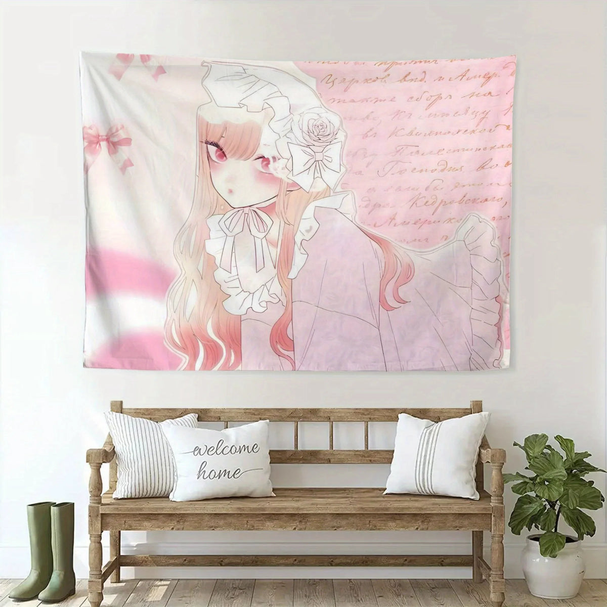 tapisserie anime illustration fille roses rubans lettres cursives rose blanc salon chambre