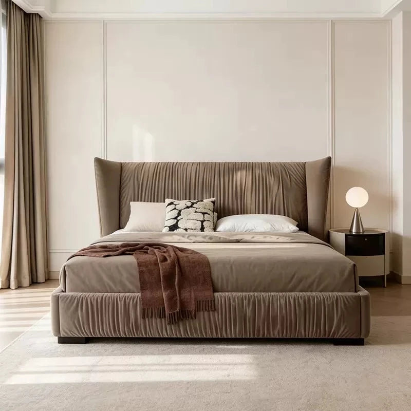 lit moderne minimaliste beige plissé 200x220cm bois chambre coucher double