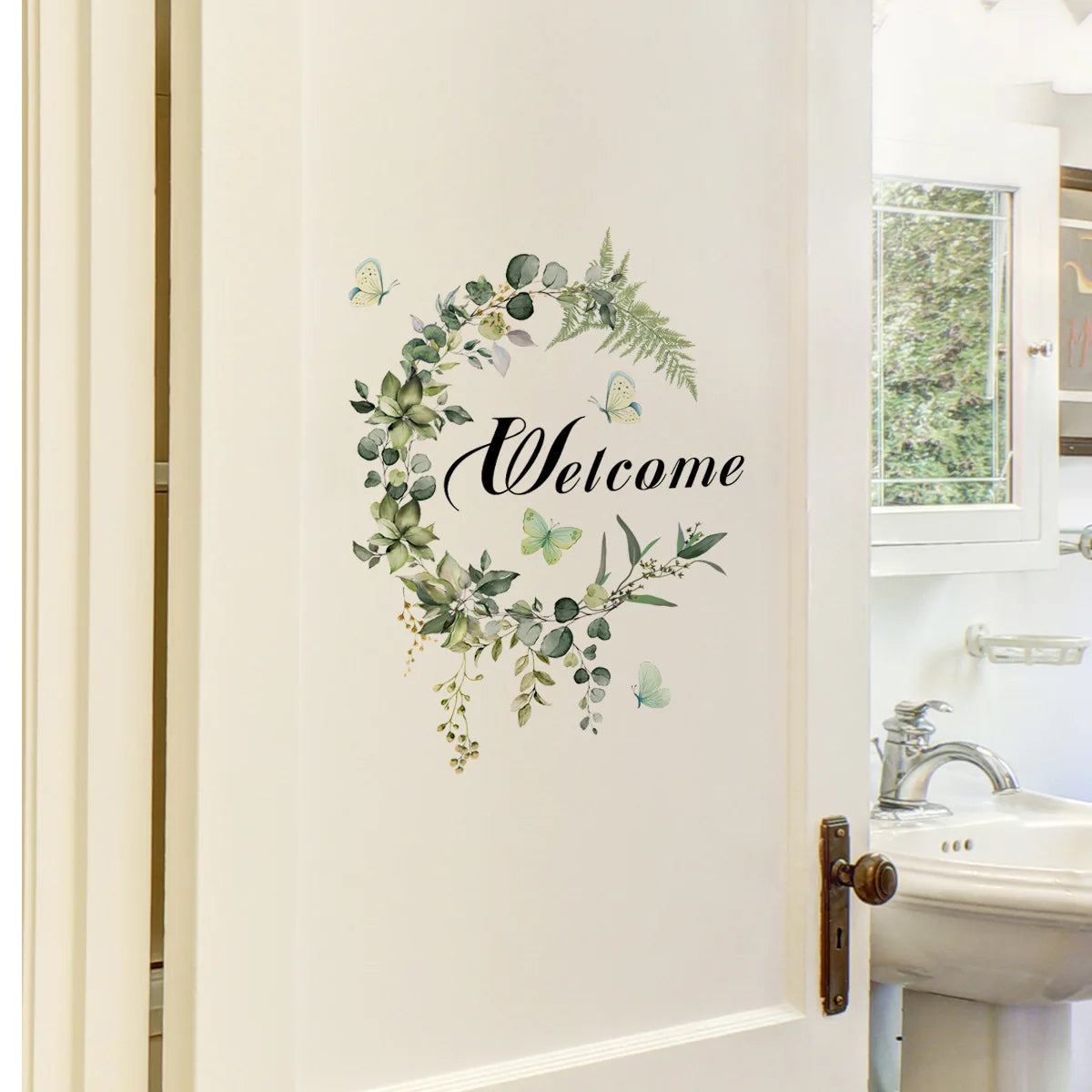 autocollant mural bienvenue végétal feuilles fleurs papillons adhésif 30x40cm chambre couloir entrée