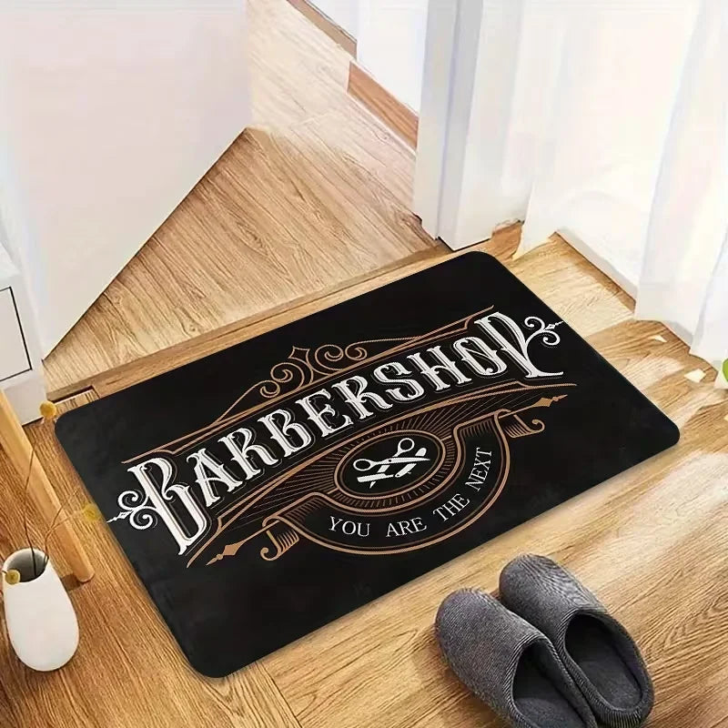 tapis sol antidérapant vintage motif barbier bienvenue noir rouge bleu salon bain extérieur 50x80cm