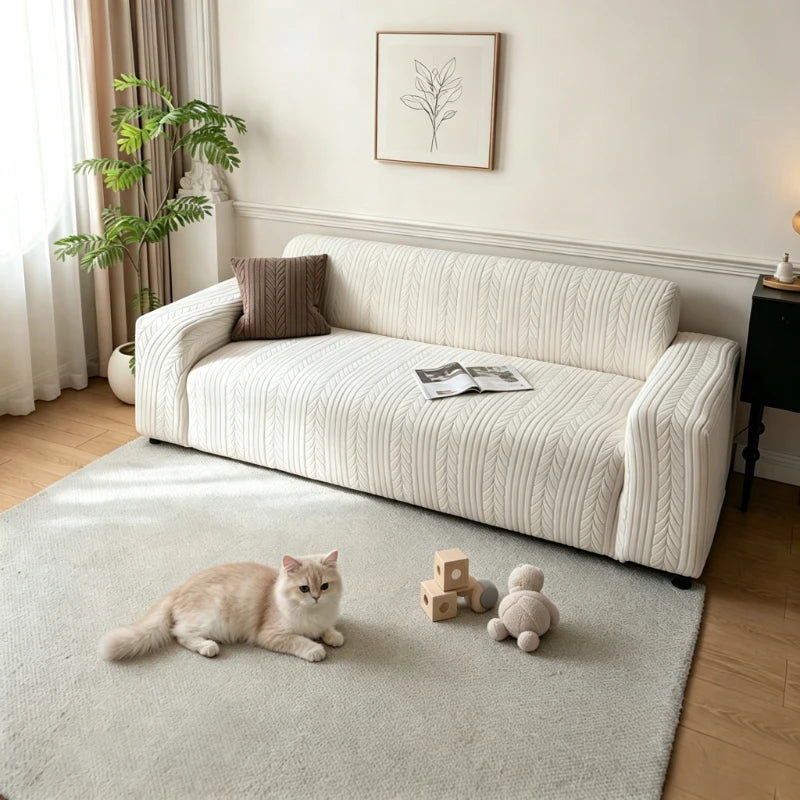 housse canapé polaire rayures beige clair moderne confortable adhésif lavable machine sectionnel deux places