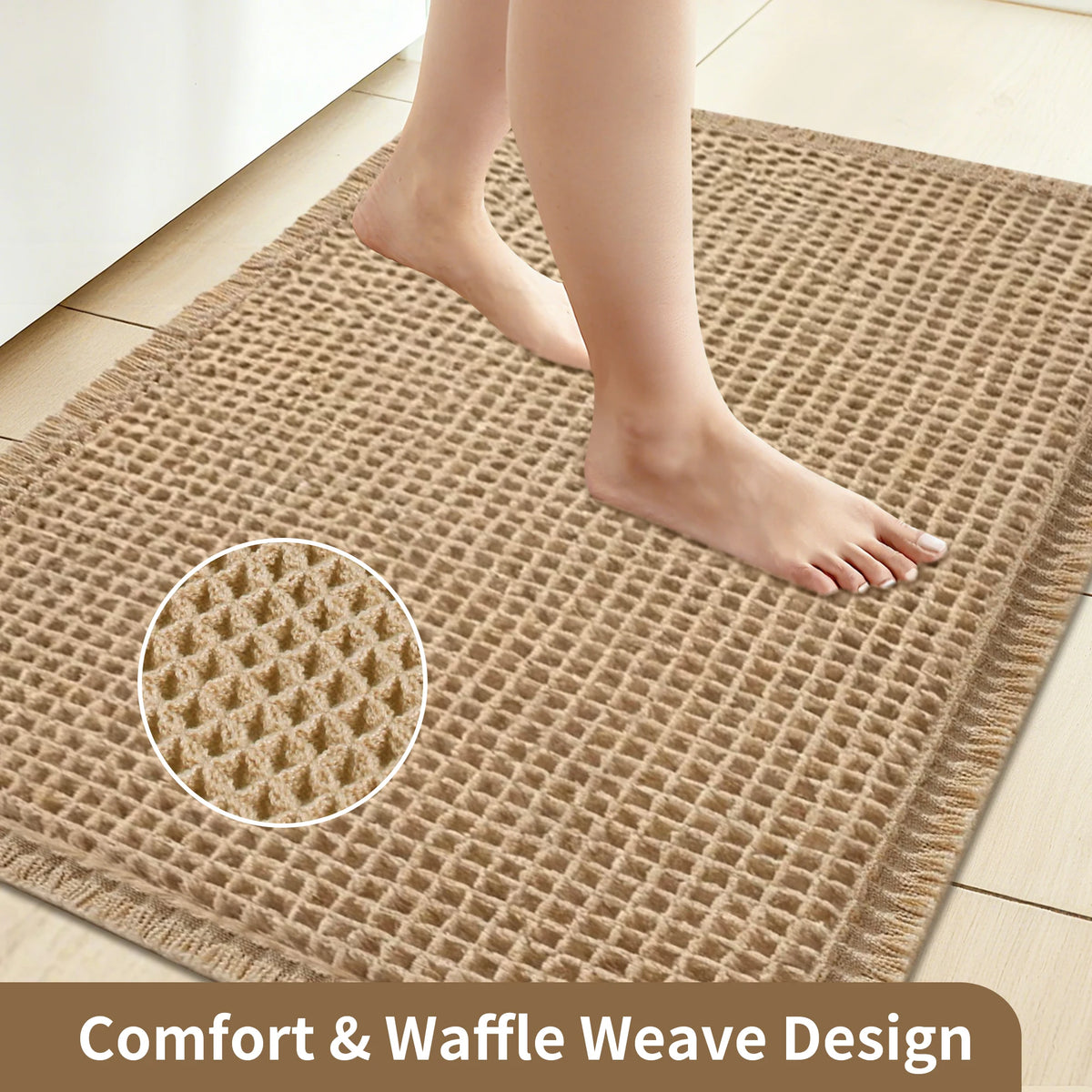 tapis bain microfibre absorbant antidérapant moderne beige clair maille géométrique bordure frisée sèche rapidement