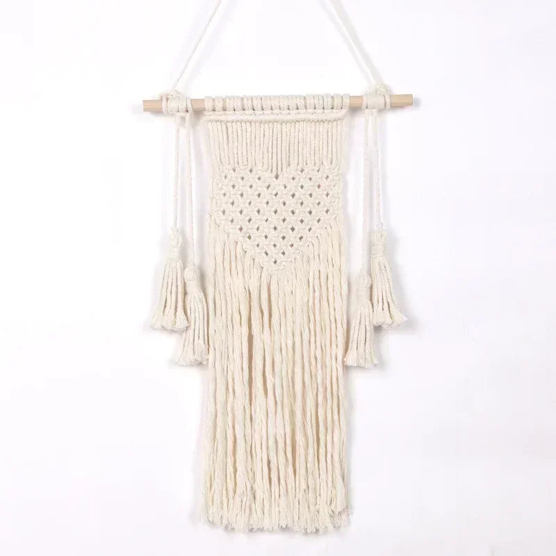 tapisserie macramé boho chic beige motifs géométriques franges moderne suspension maison