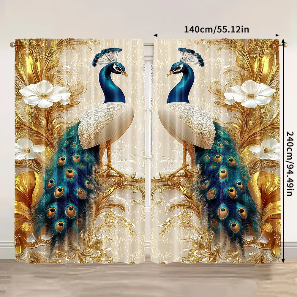 rideau classique oiseaux bleu blanc doré semi opaque polyester anneaux noirs decoration mur interieur