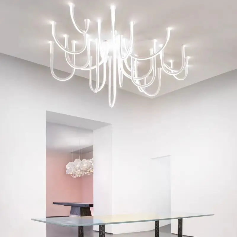 lustre moderne blanc doré courbes élancées contemporain sans plaque télécommande lumière led