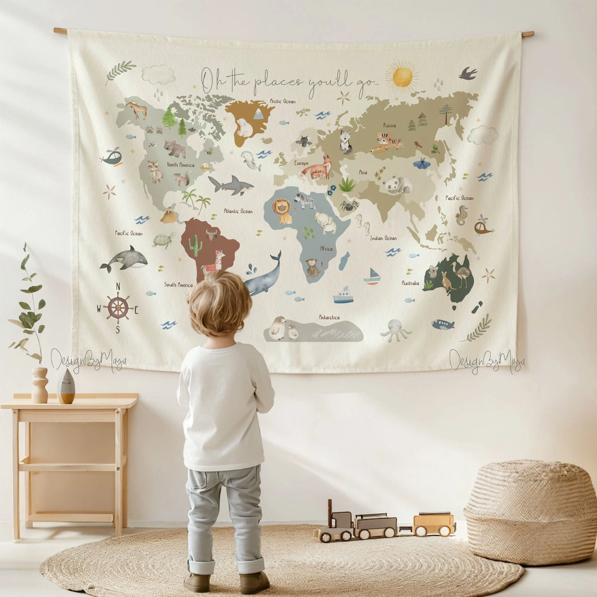 décoration murale carte monde illustrative animaux paysages enfants chambre tapisserie géographique opaques