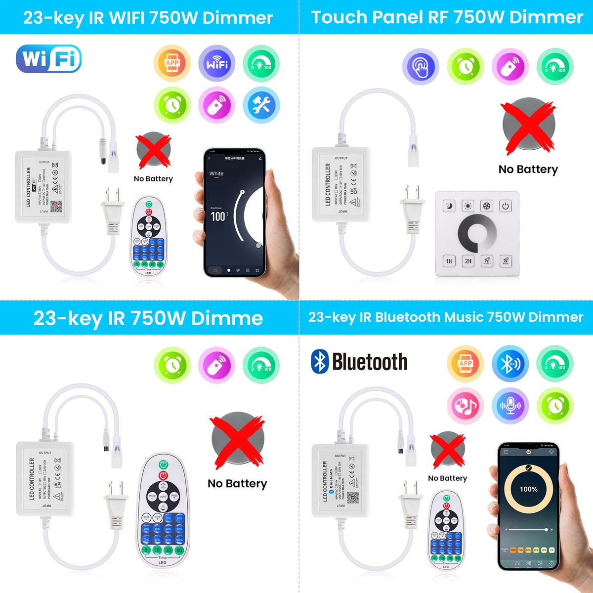 contrôleur led wifi bluetooth rf télécommande prise électrique moderne certifié ul cqc cem fcc