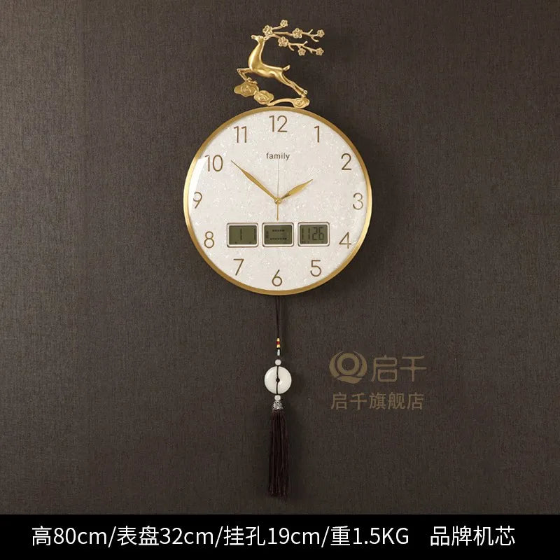 horloge murale moderne ornement cerf cadre doré aiguilles tissu noir pompon nouveau chinois