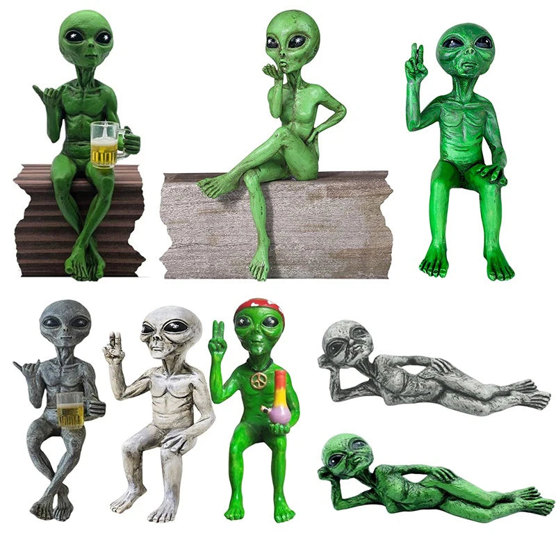 statues aliens résine vert gris yeux grands ouverts réaliste détaillé verre bière intérieur extérieur
