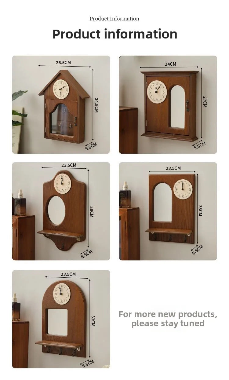 horloge murale bois horizontale compartiment rangement porte verre classique suspension porte clés