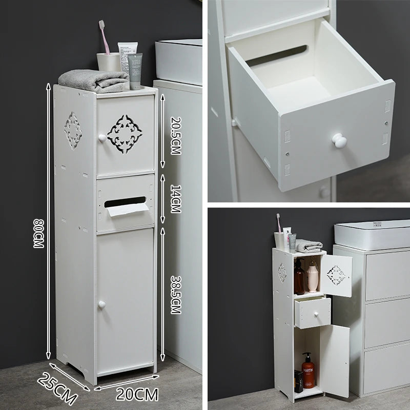 meuble rangement salle bain blanc moderne tiroir déchets étagères étroites