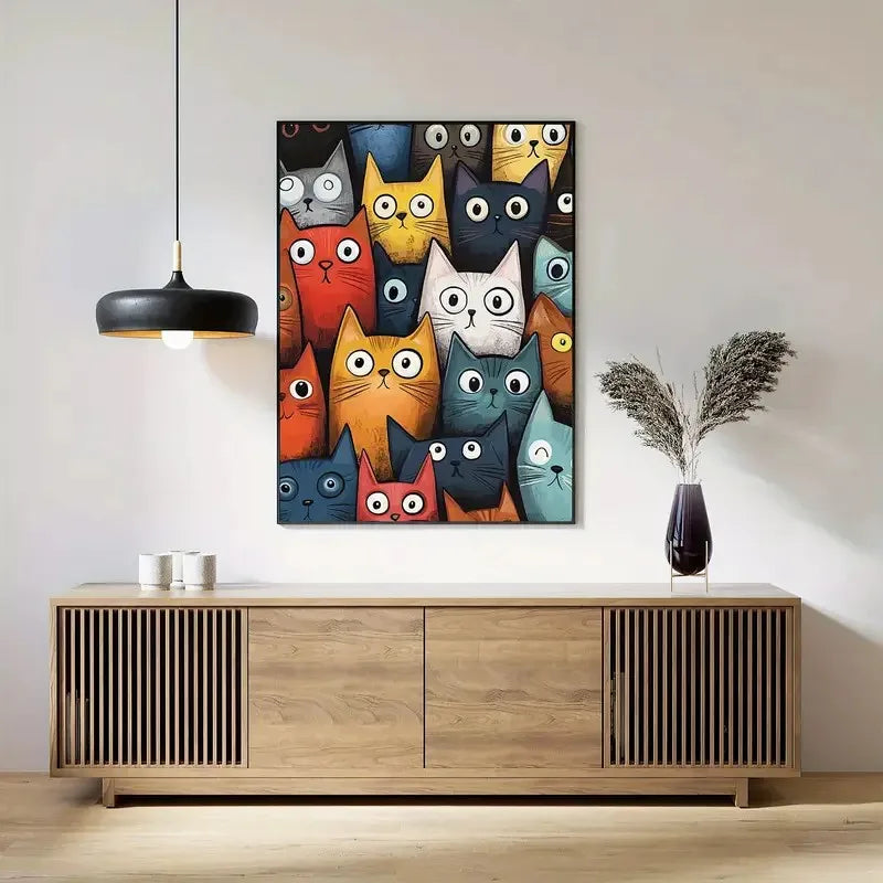 toile d'art moderne illustration chats yeux grands ouverts multicolore sans cadre doré