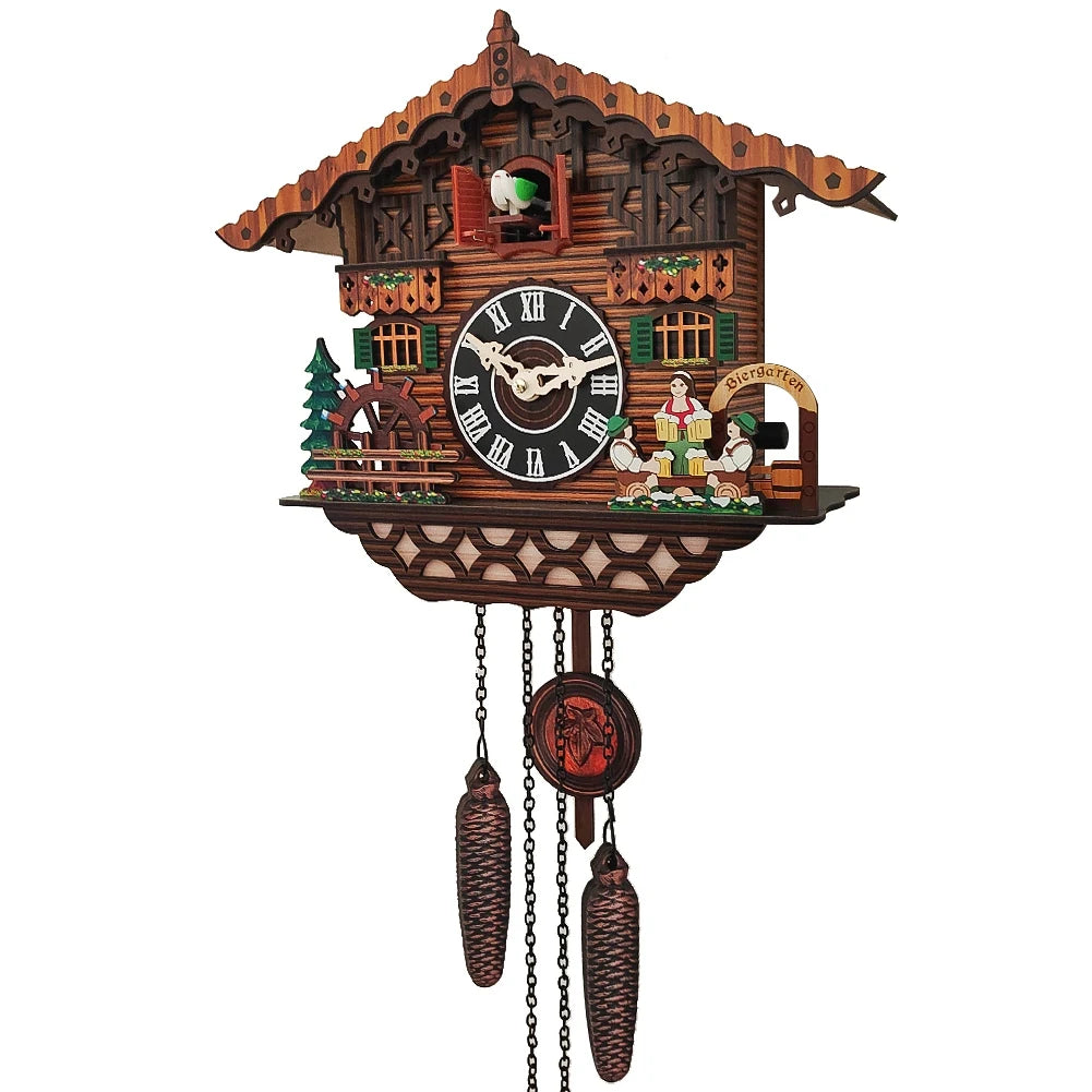 horloge coucou bois oiseau vert marron traditionnelle décoration maison chambre enfant pendule scène miniature