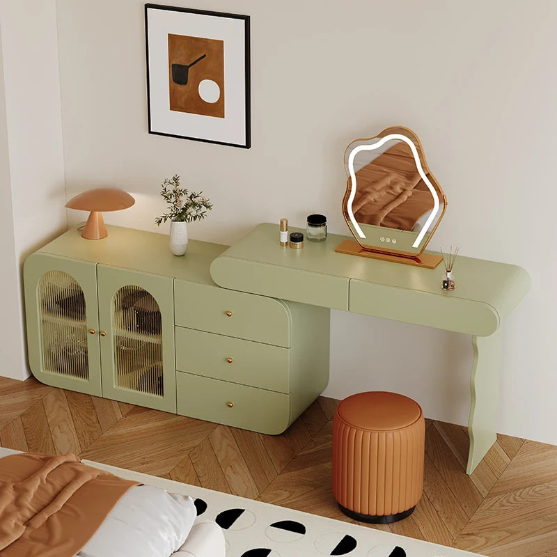 coiffeuse moderne bois vert olive rangement miroir tabouret orange rouille semi transparent